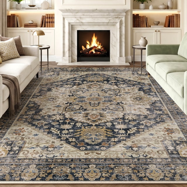 Exenoray Washable Bohemian Area Rug, Non-Slip Low Pile Printed Rug, Polyester Surface, Vintage Blue, 8' x 10'