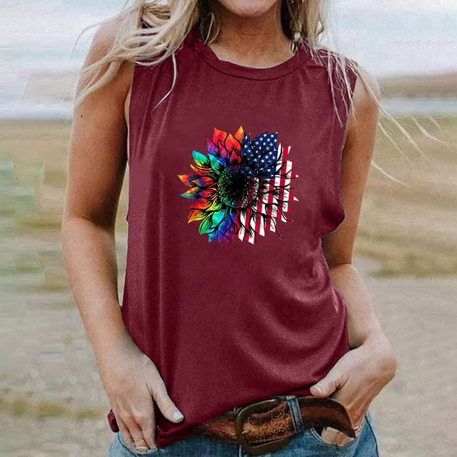 EQWLJWE Débardeurs Sans Manches pour Femmes Débardeurs d'Été pour Femmes Femmes Col Rond Imprimé Décontracté Ample Hauts Chandail Sans Manches T-shirt