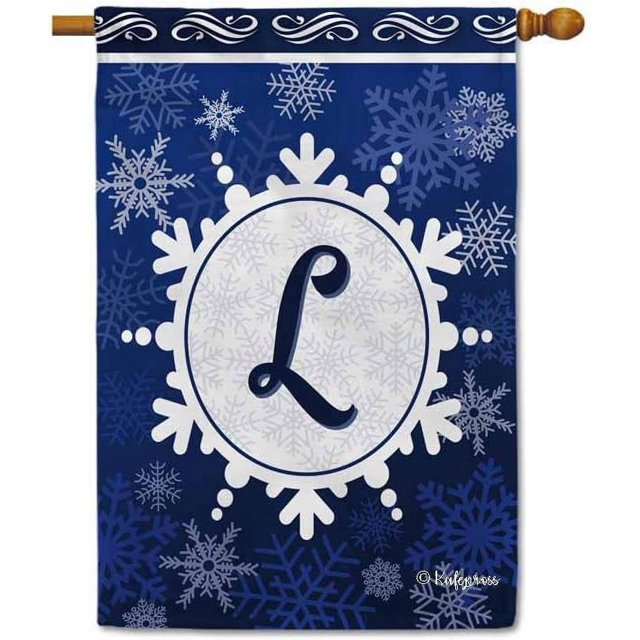 Welcome Winter Snowflake Monogram L Decorative House Flag Initial Letter Snow Deocr Banner for Inside and Outside 28x40 Inch Double Sided