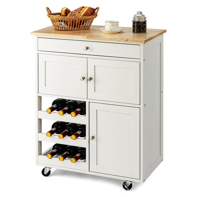 Gymax Rolling Kitchen Island Serving Cart Storage Cabinet with Wine Rack in white. Designed with a natural rubber wood tabletop, a drawer, two cabinets, and a three-tier wine rack for versatile storage. Includes four swivel casters, two of which are lockable for stability. Suitable as a bar cart or kitchen furniture for organizing essentials and wine bottles.