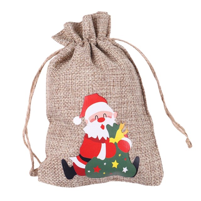 Agiferg Christmas Printed Linen Gift Bag Santa Backpack Candy Bag Apple Bag 1PC