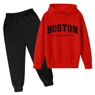 GDREDA Ensemble Pantalon 2 Pcs Garçon Automne et Hiver Ensemble de Chandail à Capuchon pour Enfants Populaire Ensemble de Chandail à Capuchon Imprimé sur sous-Vêtements Décontracté à Lettres Imprimées Manches Longues Rouge, 7-8 Ans