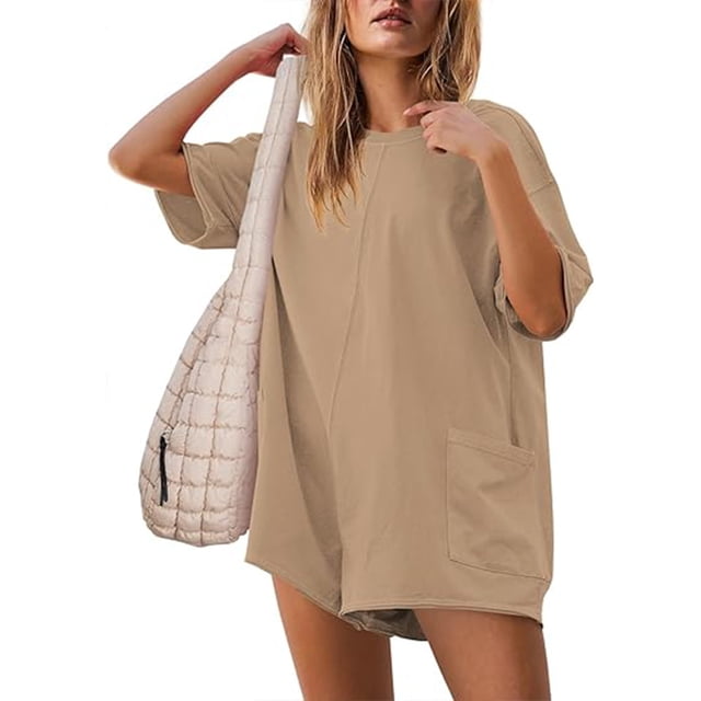 LSLJS Women's Oversized Athletic Tee Romper Back V Neck Half Short Sleeve Wearing Both Front and Back Workout Rompers Casual Shorts Jumpsuit With Pockets, One Piece Jumpsuits Gifts for Women