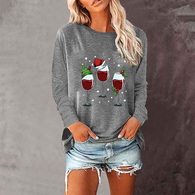 Hauts pour Femmes Chic Décontracté Femmes Décontracté Imprimé Noël Ample Manches Longues Col Rond Hauts Blouse en Liquidation