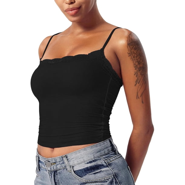 Black Tank Top Woman Lace Top Double Lined Sexy Tank Top Spaghetti