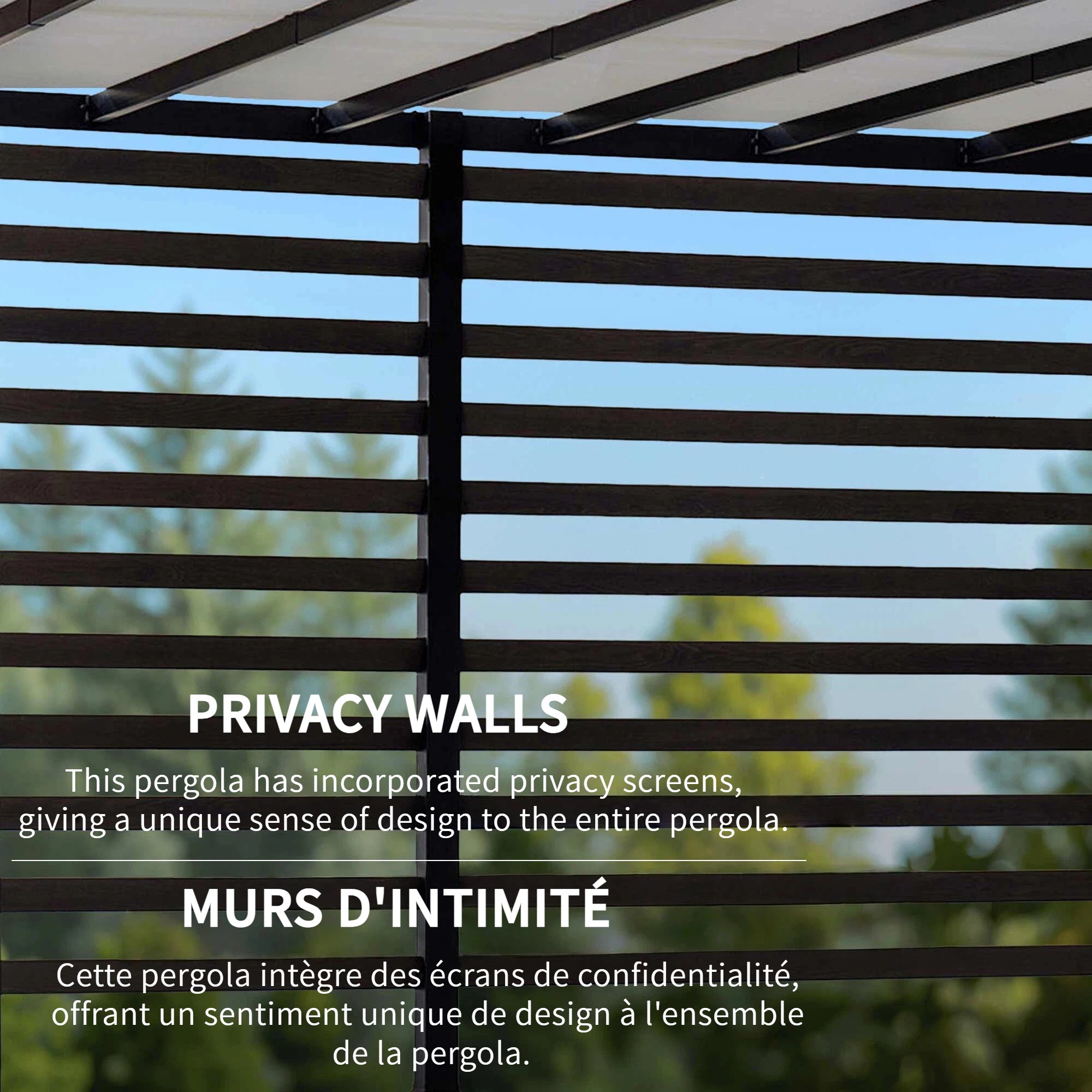 Sunjoy Pergola de jardin métallique moderne 10 x 12 pi avec toit réglable blanc et mur de confidentialité.