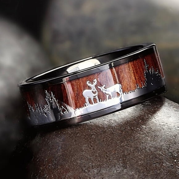 EGNMCR Rings Black Ring Wood Inlay Deer Stag Silhouette Ring Mens Wedding Titanium steel ring