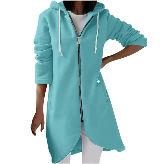 Chandail à Capuchon à Fermeture à Glissière Décontracté pour Femmes, Personnalité, Style de Rue, Long, Grande Taille, Chandail d'Automne pour Femmes, Legging à Fermeture Éclair devant à Col en V, Chandails, Chandail Mode, Chambre avec Quart de Fermeture Éclair, Bleu pour Femmes, M