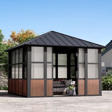 Modern Shade Gazebo de Solarium 12'x12 Pieds pour Véranda, Support Télé, Portes Coulissantes, Double Toit, Toit Rigide en Aluminium à Grain de Bois Ventilé pour Patio