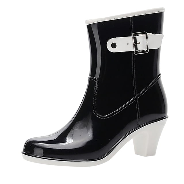Punk Style Mid Snow Boots Womens Non-Slip Rain Boots High Heel Water Shoes