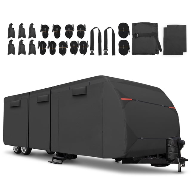 Unique Bargains 1 Set Waterproof RV Travel Trailer Cover Fits 22'-24' with Extra Windproof Ropes and Gutter Covers Black