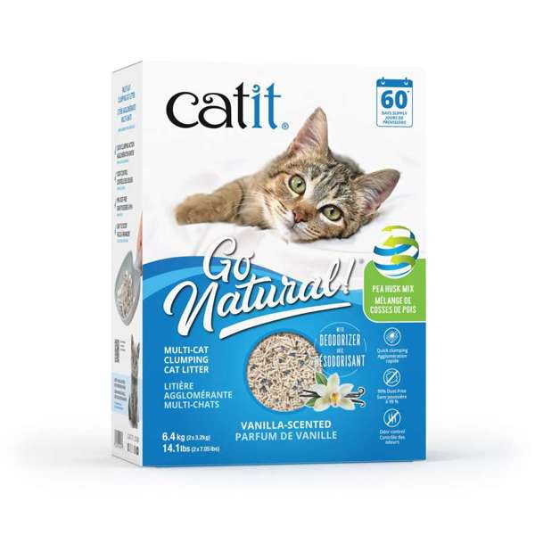 Catit Go Natural! Pea Husk Mix Multi-Cat Clumping Cat Litter, vanilla-scented in a 6.4 kg box, featuring quick clumping, odour control with deodorizer pearls, 99.9% dust-free formula, and plant-based absorbent materials ideal for multi-cat homes.