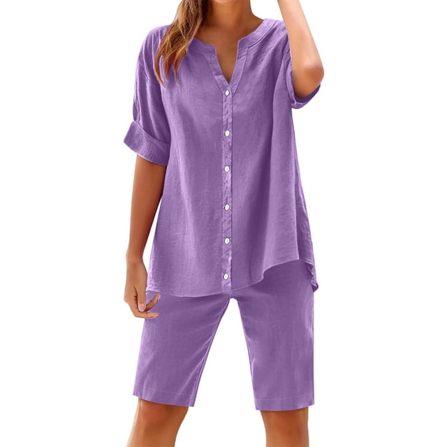 Women Summer Cotton Linen Short Sets Short Sleeve Button Down Shirts Matching Sets Lounge Beach Vacation Tracksuits