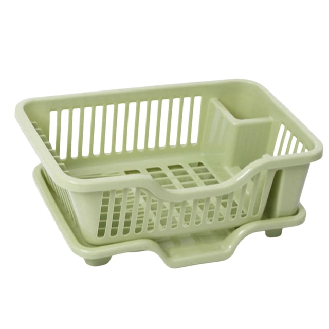 Luzkey Dish Drying Rack with Drain Tray in green, designed for kitchen countertop organization. Features a hollow design for efficient drainage and ventilation, with dedicated areas for plates, cutlery, and chopsticks. Made of sturdy, eco-friendly PP material. Includes a removable drip tray with nozzle for easy cleaning and water drainage. Compact size of 44.5cmx27.5cmx18cm, ideal for a family of 3-4 people.