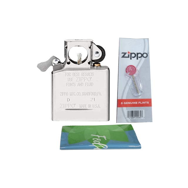 Zippo Chrome Pipe Lighter Insert with durable metal construction and chrome finish, ideal for camping and outdoor use. Includes six genuine Zippo flint dispensers and a microfiber cleaning cloth. The lighter insert features a windproof design, fits classic Zippo lighters (excluding Slim and 1935 Replica cases), and produces the signature Zippo 'click' sound. Made in the USA, with bonus items for optimal performance and maintenance.