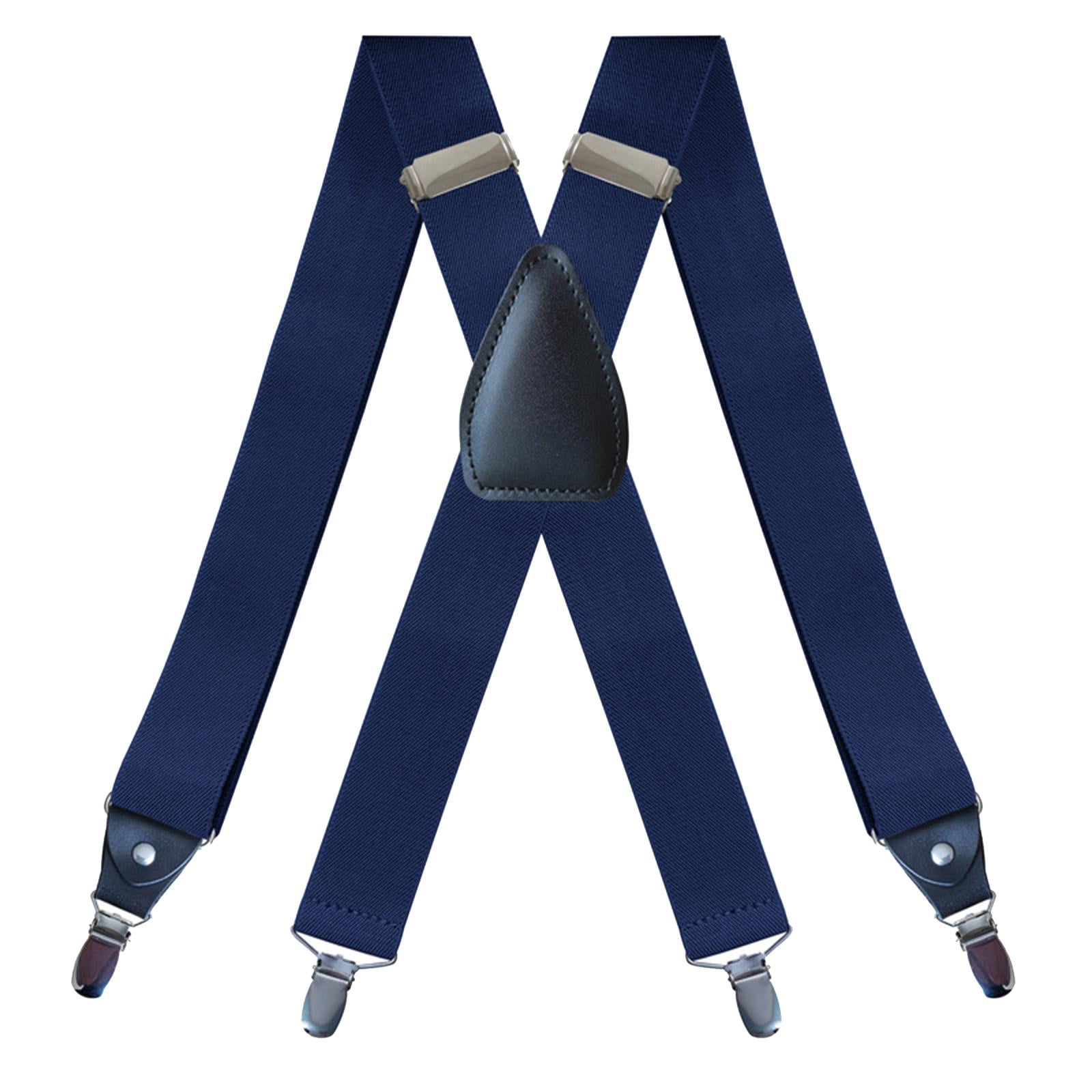 Men's Suspenders Elastic Straps Solid Heavy Duty 4 Clips Adjustable Dark Blue