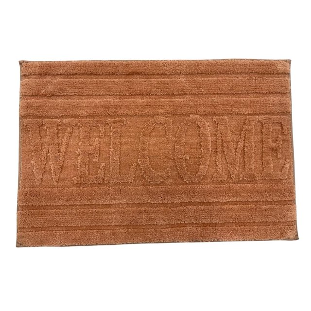 Home Decor Inc. Naples Collection Microfiber Bathmat – 20" x 30", brown bathmat with embossed 'WELCOME' text, plush microfiber fabric with horizontal ribbed texture, quick-drying and durable, non-slip backing for safety, ideal for bathroom, kitchen, or entryway use.