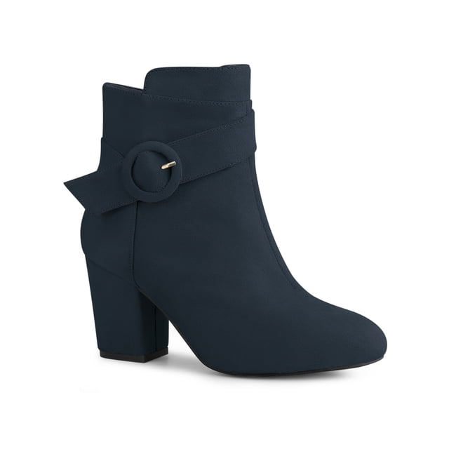 Unique Bargains Bottes à Talon Bloc à Bout Rond pour Femmes Bottillons à la Cheville Bleu (Taille 9)
