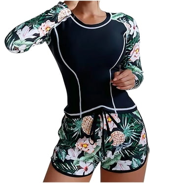IROINID Women 2 Piece Rash Guard Swimsuits Long Sleeve Print Swim Shirt with Shorts Set Sun Protection Surf Bathing Suits Gift for Sister Black L