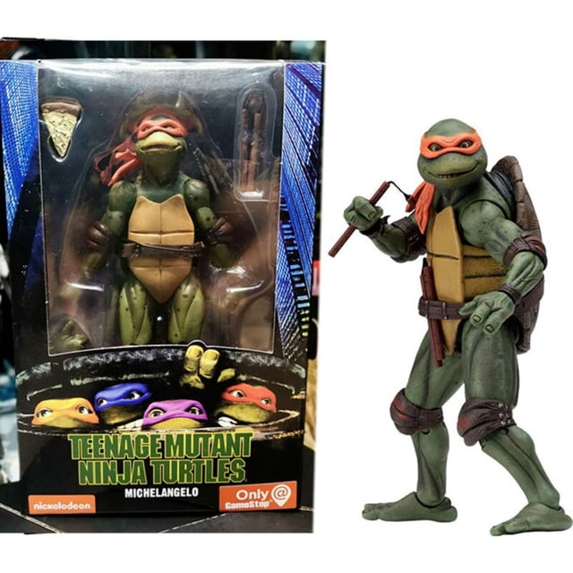 TMN Action Figure Statue Model Toy TMNT 1990/Movie Michelangelo, a 7-inch collectible action figure inspired by the 1990 Teenage Mutant Ninja Turtles movie. The figure features Michelangelo with his signature orange bandana and nunchucks, crafted from durable PVC material with intricate details and vibrant colors. The packaging showcases the figure in a clear display box with TMNT branding, including an image of all four turtles. Suitable for display or play, this figure is ideal for fans and collectors.