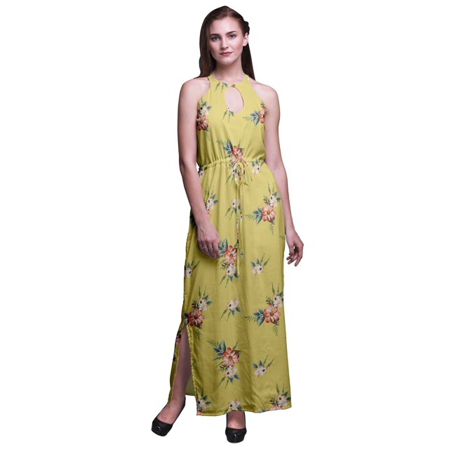 Bimba Floral Ladies Crew Neck Waist String Print Maxi Dress with Side Slits Summer Wear-X-Small