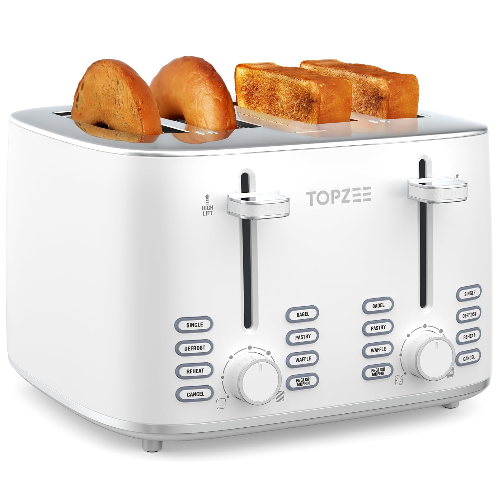 Topzee Toaster 4 Slice, Wide Slot for Toasting Bagel Muffin Waffle Gluten Free Breads, 7 Shade Settings, Defrost & Reheat,Dual Control Panel, Stainle