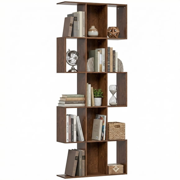 HOMCOM 5-Tier Bookshelf, S Shaped Geometric Bookcase, Black Wood Grain