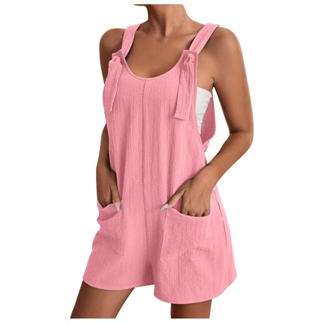 yoeyez Womens Rompers And Jumpsuits for Summer,Women Solid Color Adjustable Straps Jumpsuits Sleeveless Round Neck Shorts Playsuits Overalls With Pockets Pink,XXL