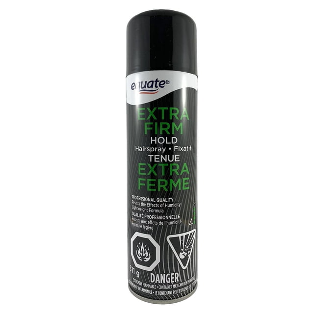 Equate Extra Firm Hold Hairspray in a black and gray 311 g spray can with green and white text, delivering professional quality, humidity resistance, lightweight formula, and extra flyaway control, suitable for use on dry hair and ideal for maintaining hairstyles in humid Canadian climates.