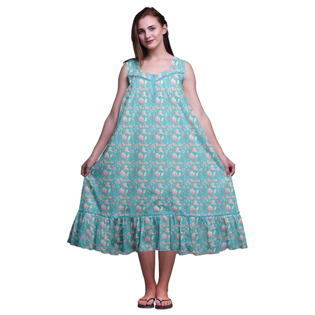 Bimba Bleu Turquoise Aquarelle Fleur et Feuilles Mi-Mollet Vêtement de Nuit Femme Coton Imprimé Sans Manches Robe de Nuit Maxi XXX-Large