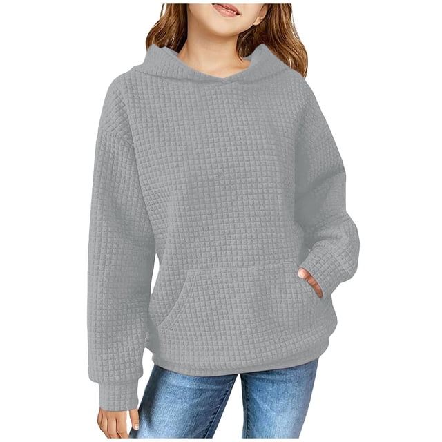Milgrthf Chandails à Capuche en Tricot Gaufré pour Filles Préadolescentes, Texture Décontractée, Manches Longues, Mignon Col Ras du Cou, Hauts à Capuche Gris 130
