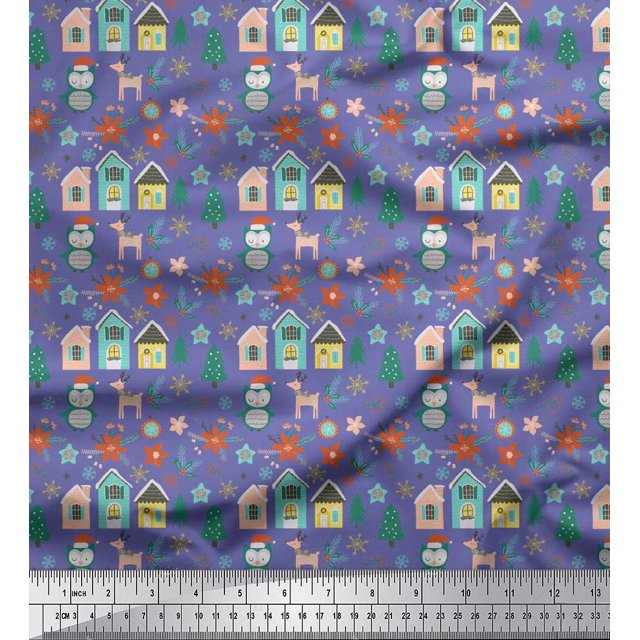 Soimoi Purple Rayon Fabric Owl & Tree Christmas Printed Fabric 1 Yard 56 Inch Wide