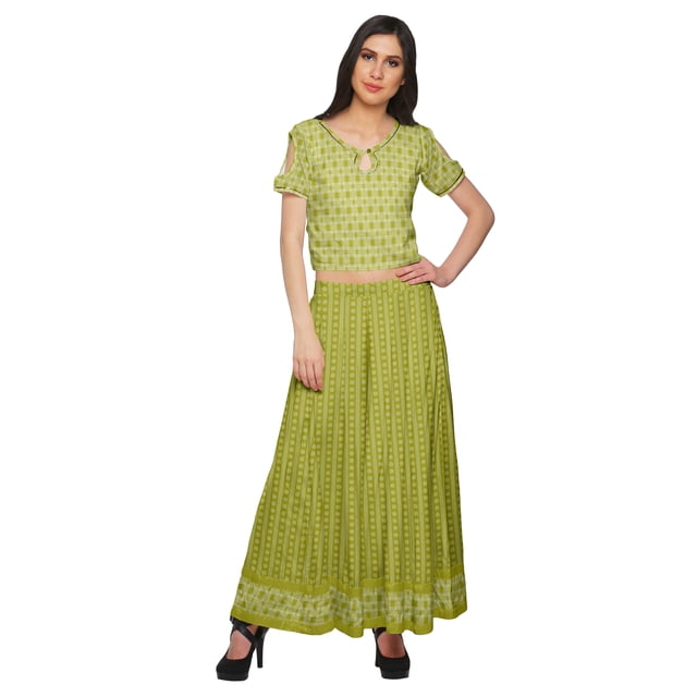 Moomaya Printed Cold Shoulder Keyhole Neck Crop Top And Palazzo Set Ethnic Wear