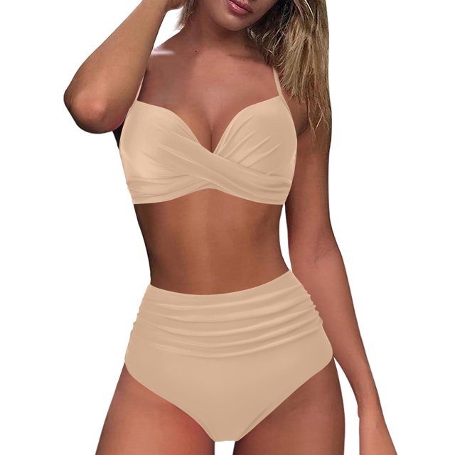 Huesdet Women's High Waisted Bikini Ribbed Two Piece Swimsuit High Cut Color Block Adjustable Straps Bathing Suit(Khaki,XXL)