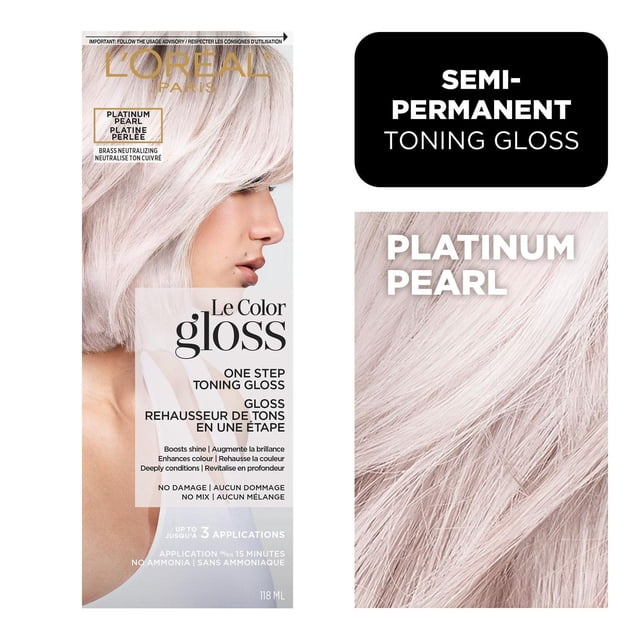 L'Oréal Paris Le Color Gloss One Step Hair Gloss in Platinum Pearl, semi-permanent toning gloss that neutralizes brass and boosts shine, shown on packaging with light platinum pearl hair strands, 118 ml bottle, ammonia-free formula suitable for all hair types and textures.