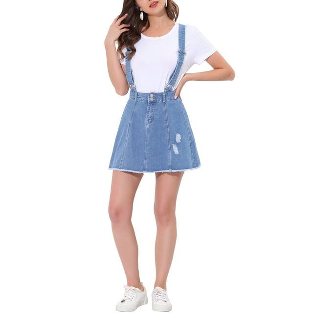 Unique Bargains Jupe à Bretelles Mini Décontractée pour Femme en Coton Lavé, Boutonnée devant, Ligne a, Bleu Effiloché, m
