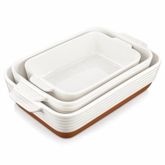 MALACASA Casserole Dishes for Oven, Ceramic Baking Dishes Set of 3, 1.45/2.7/3.8L Rectangular Baking Pan Set, Deep Lasagna Pan with Handles, Khaki White (14.5"/13"/10.5")