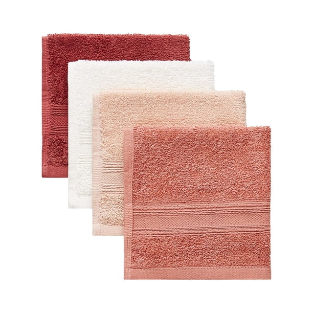 Mainstays Ensemble de Quatre Débarbouillettes 12 Po x 12 Po, Douces et Absorbantes, 100 % Coton, en Couleurs Chaudes Assorties, Incluant Rouille, Crème, Pêche et Terre Cuite, avec Bordures Texturées, Idéal pour la Salle de Bain, la Cuisine et la Chambre de Bébé.