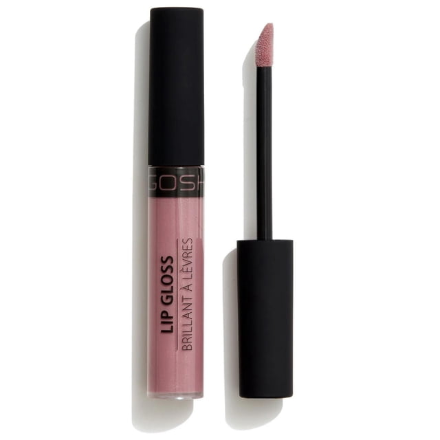 GOSH - Lip Gloss - 0086 featuring a clear tube with pink lip gloss and a black matte cap with an applicator wand showing a slanted sponge tip coated in gloss, providing ultimate shine and a non-stick texture to keep lips soft and moisturized, suitable for use alone or over lipstick.