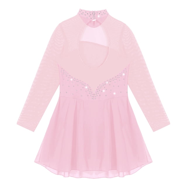 Linjinx Filles Enfants Justaucorps Robe de Danse Ballet à Manches Longues en Maille à Strass Assemblée Costume de Compétition de Patinage Artistique Rose 8