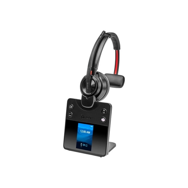 Poly Savi 8410 Office headset from the Savi 8400 series, featuring an on-ear design with DECT and Bluetooth wireless connectivity. The black headset is shown mounted on its universal office base with an intuitive interface, including a digital display and control buttons. The base supports 3-way connectivity for computer, desk phone, and mobile phone. The headset includes a noise-canceling microphone, up to 13 hours of talk time, and DECT security certification for privacy.
