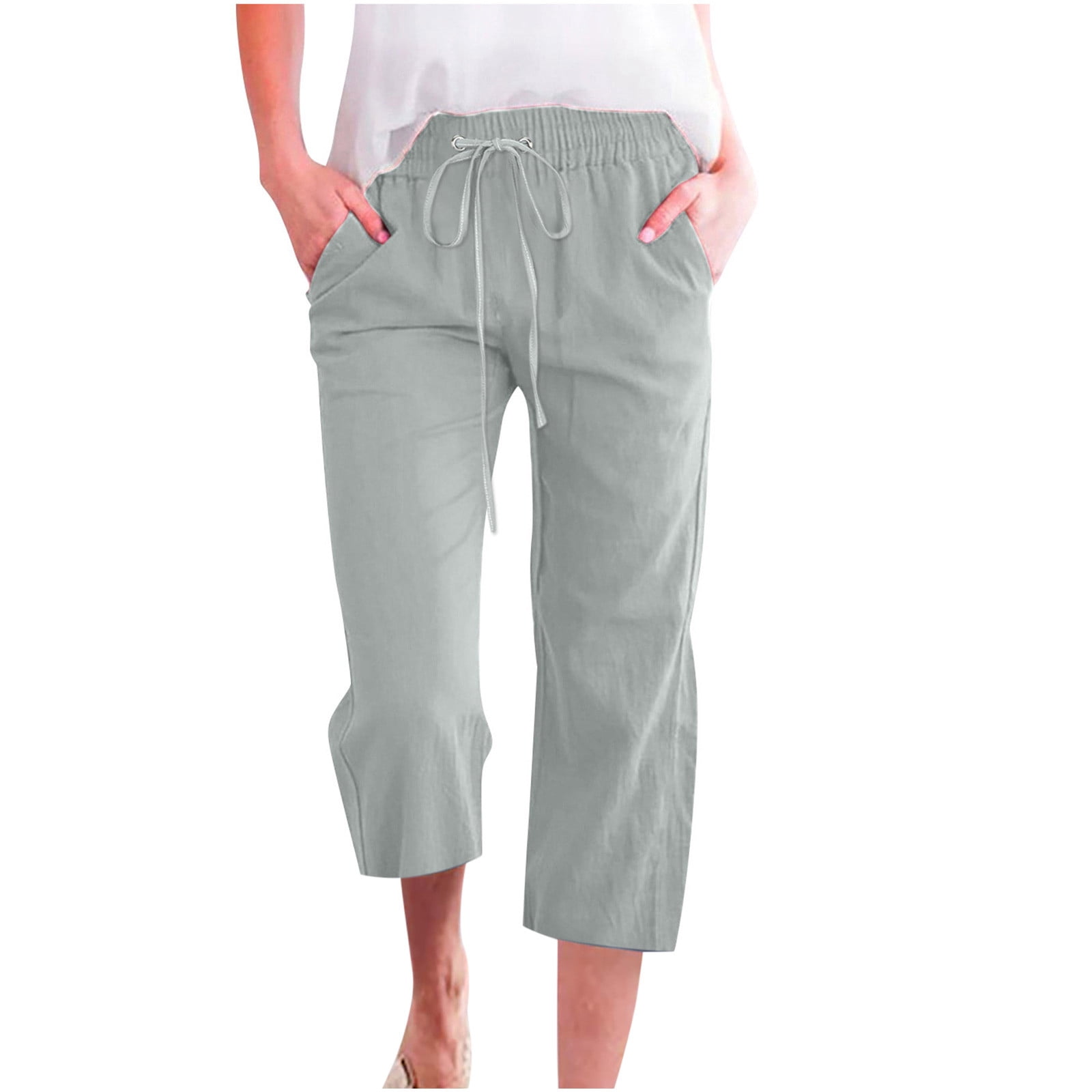 Women Casual Capris Straight Leg Drawstring Elastic Waist Linen Pants with Pockets