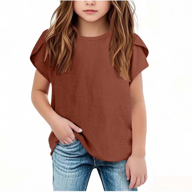 Yanlir 2025 Chemises d'Été pour Enfants Manches Raglan T-Shirt Graphique à Manches Courtes Haut à Col Rond T-Shirt pour Filles Tee Ample Décontracté Hauts (Coffee, 5 Ans)