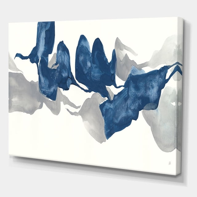 Designart Gouache Sapphire on Gray Canvas Wall Art with abstract blue and gray gouache shapes on white premium cotton canvas, gallery-wrapped with design continuing on sides, stretched over wood sub frame, arrives ready to hang, suitable for modern home wall décor.