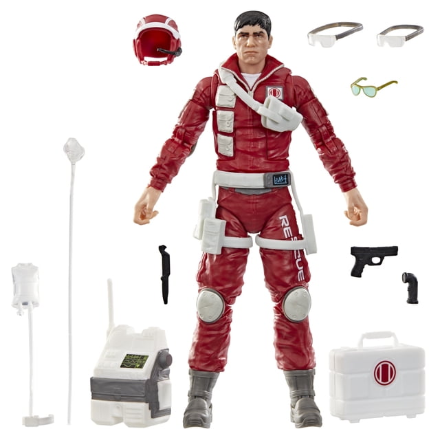 G.I. Joe Classified Series #186, Edwin “Lifeline” Steen Action Figure in red rescue suit with white harness and knee pads, displayed with 11 accessories including a red helmet with headset, two clear goggles, green glasses, medical bag, flashlight, knife, pistol, breathing mask, and white medical case, featuring multiple points of articulation for poseability.