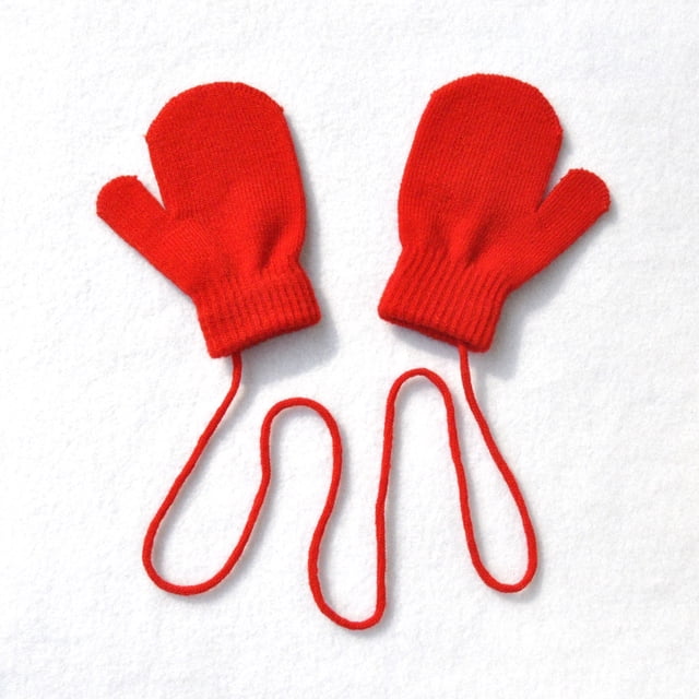 Red Gloves Mittens Children Winter Warm Solid Knitted Cute with String Gloves