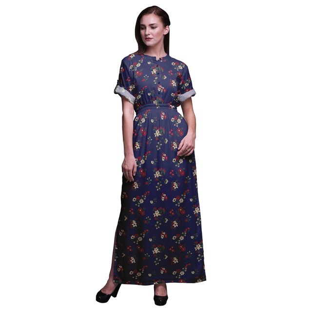Bimba Rayon Leaves & Clematis Floral Printed Womens Long MaxiDressGown With Side Slit-XSmall