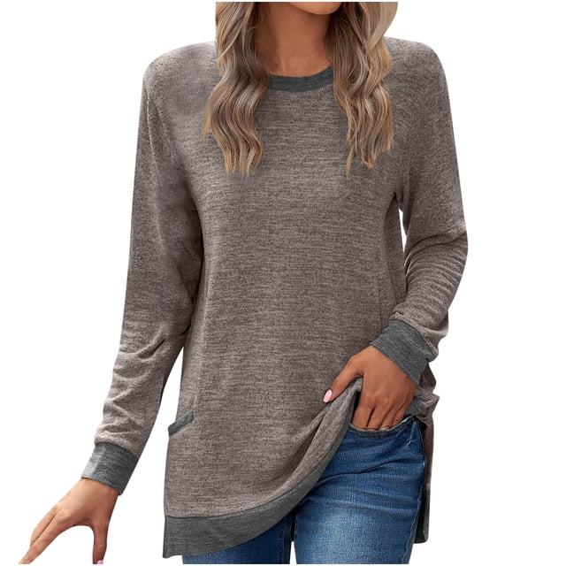 Pisexur Chandails en Molleton à Manches Longues pour Femmes Col Rond Décontracté T-Shirts Blouses Chandails en Molleton Tuniques avec Poche