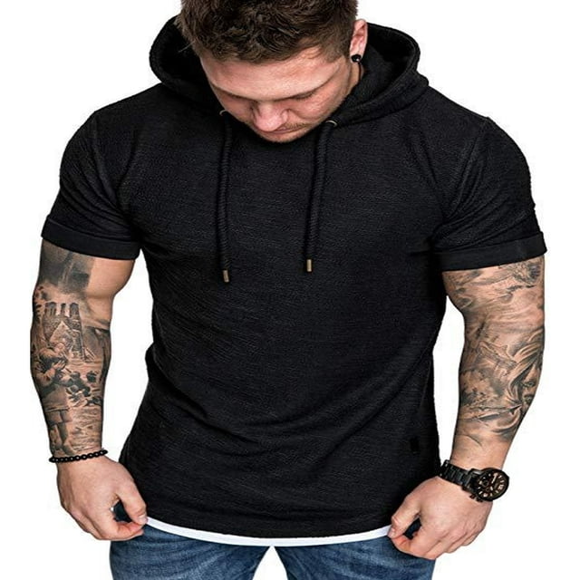 T-shirt à Capuche pour Homme en Coton Slub Uni à Manches Courtes, Coupe Ajustée