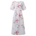 thumbnail image 3 of Midi Robes pour les Femmes Été Décontracté en Vrac Boho Imprimé Floral Col Rond Manches Courtes Genou Longueur Robe Froncée avec Poches, 3 of 5